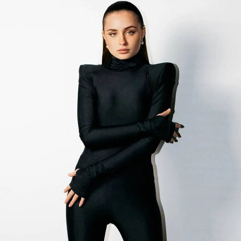 Autumn Winter Women Padded Shoulder Long Sleeve Body Black Turtleneck T Shirt Tops Sexy Bodysuit 2021 Fall Clothes