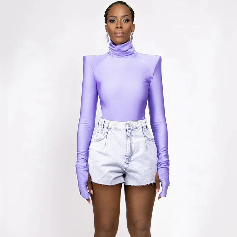 Autumn Winter Women Padded Shoulder Long Sleeve Body Black Turtleneck T Shirt Tops Sexy Bodysuit 2021 Fall Clothes