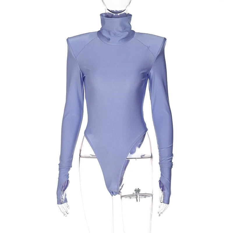 Autumn Winter Women Padded Shoulder Long Sleeve Body Black Turtleneck T Shirt Tops Sexy Bodysuit 2021 Fall Clothes