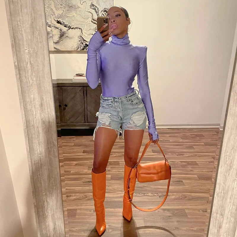 Autumn Winter Women Padded Shoulder Long Sleeve Body Black Turtleneck T Shirt Tops Sexy Bodysuit 2021 Fall Clothes