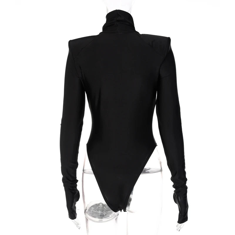 Autumn Winter Women Padded Shoulder Long Sleeve Body Black Turtleneck T Shirt Tops Sexy Bodysuit 2021 Fall Clothes