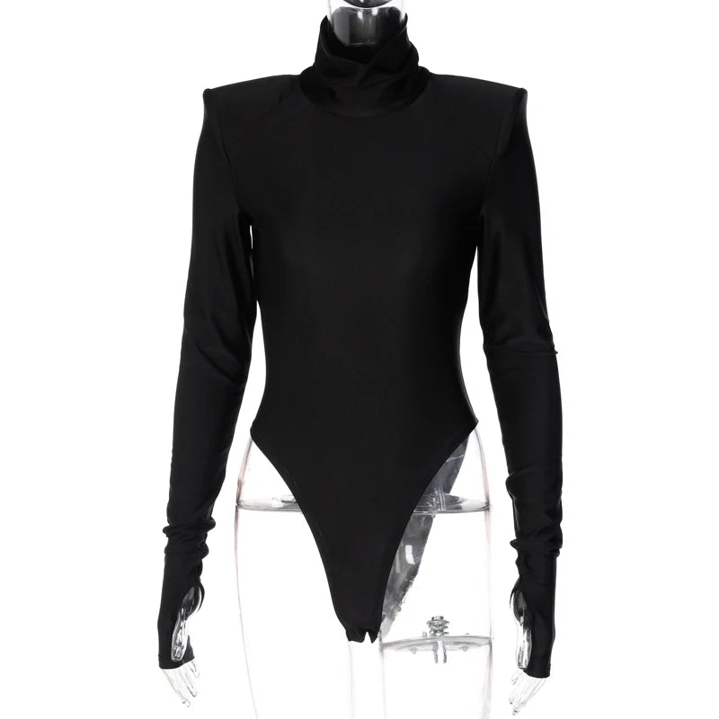 Autumn Winter Women Padded Shoulder Long Sleeve Body Black Turtleneck T Shirt Tops Sexy Bodysuit 2021 Fall Clothes