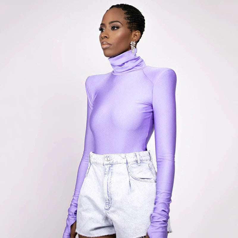 Autumn Winter Women Padded Shoulder Long Sleeve Body Black Turtleneck T Shirt Tops Sexy Bodysuit 2021 Fall Clothes