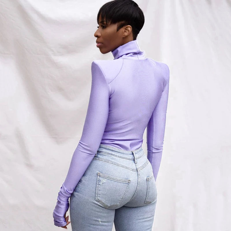 Autumn Winter Women Padded Shoulder Long Sleeve Body Black Turtleneck T Shirt Tops Sexy Bodysuit 2021 Fall Clothes