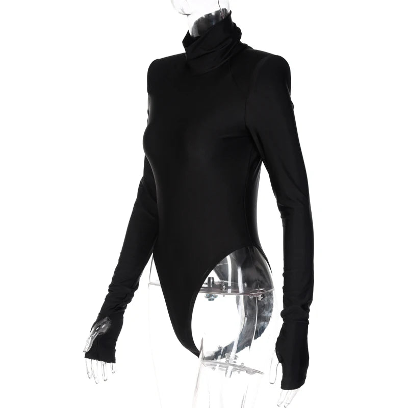 Autumn Winter Women Padded Shoulder Long Sleeve Body Black Turtleneck T Shirt Tops Sexy Bodysuit 2021 Fall Clothes