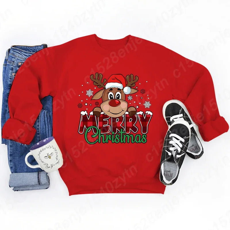 Women's Festive Christmas Reindeer & Plaid Graphic Sweatshirt Casual Loose Fit Long Sleeve Crew Neck Sweatshirts for Winter