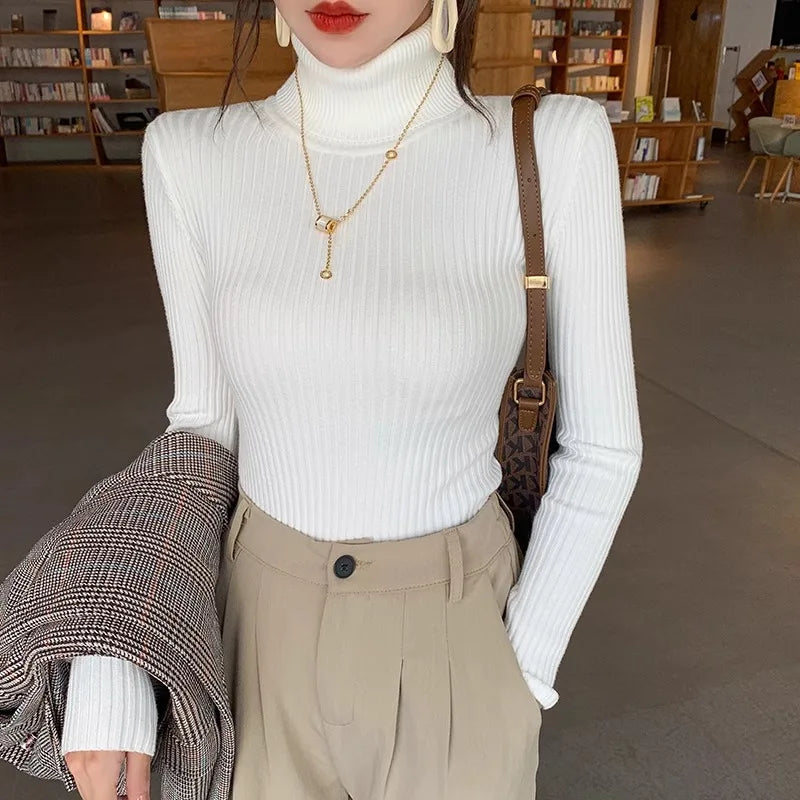 2025 Base Sweater Autumn Winter Thick Turtleneck Sweater Casual Slim Knitted Pullover Korean Style Simple Base Layer Warm Tops