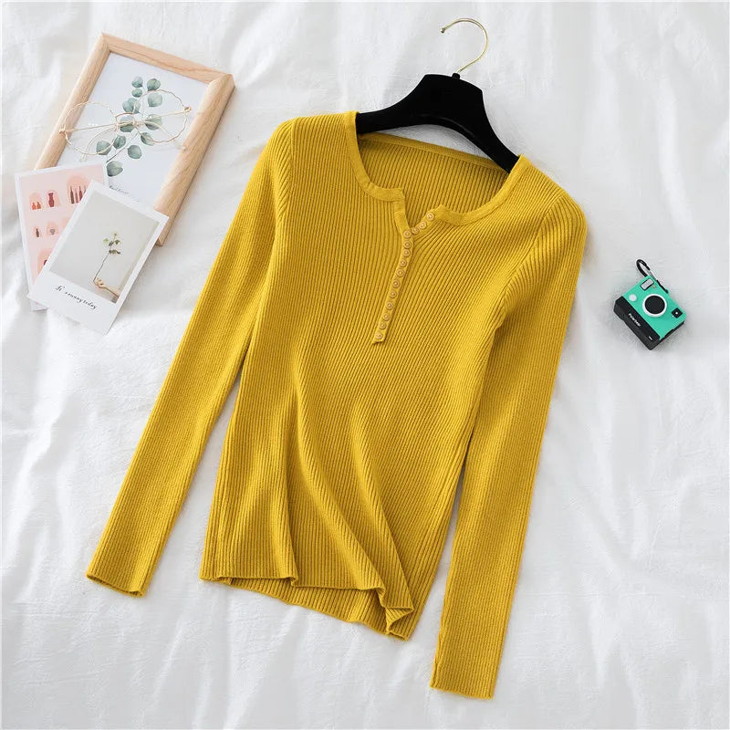 2025 Autumn Winter Button V Neck Sweater Women Basic Slim Pullover Women Sweaters And Pullovers Knit Jumper Soft Warm Tops