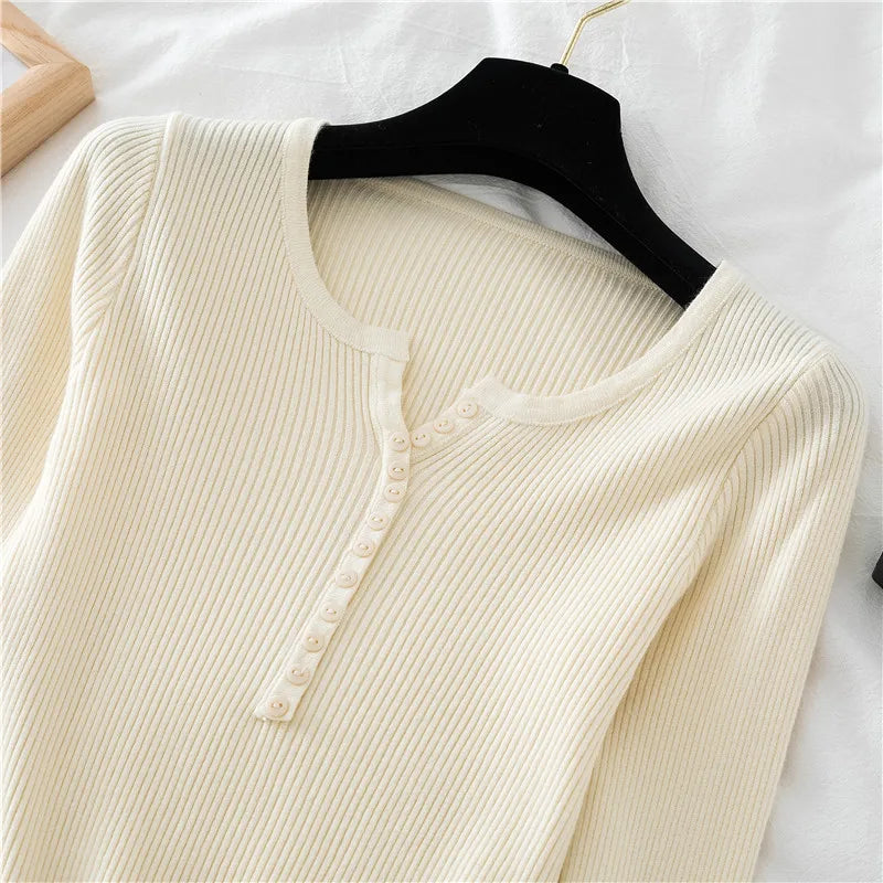 2025 Autumn Winter Button V Neck Sweater Women Basic Slim Pullover Women Sweaters And Pullovers Knit Jumper Soft Warm Tops
