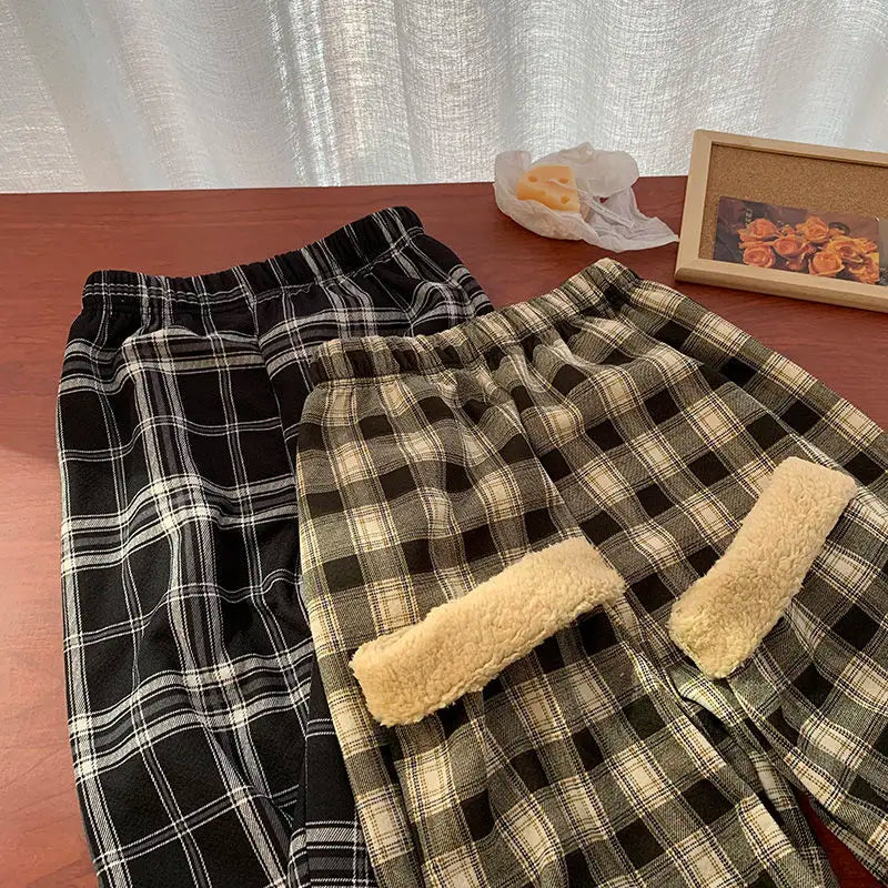 Padded Thickened Wide Leg Pants Winter LambswoolPlaid Pants Female High Waist Casual Straight Pants