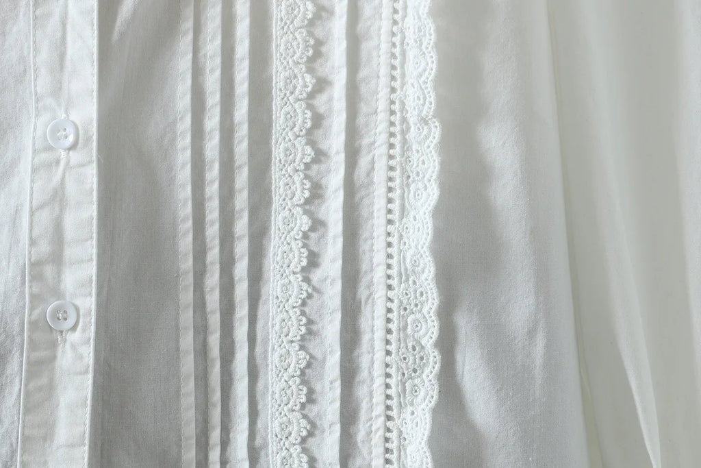 New Spring Cotton Casual White Shirts Women Loose Ruched Lace Blouse Girl Long Sleeve Sweet Sweet Top 2024 Autumn T455104QM
