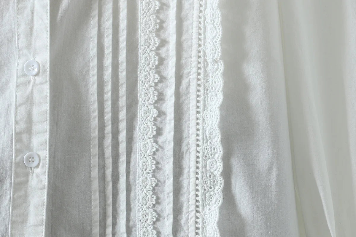 New Spring Cotton Casual White Shirts Women Loose Ruched Lace Blouse Girl Long Sleeve Sweet Sweet Top 2024 Autumn T455104QM