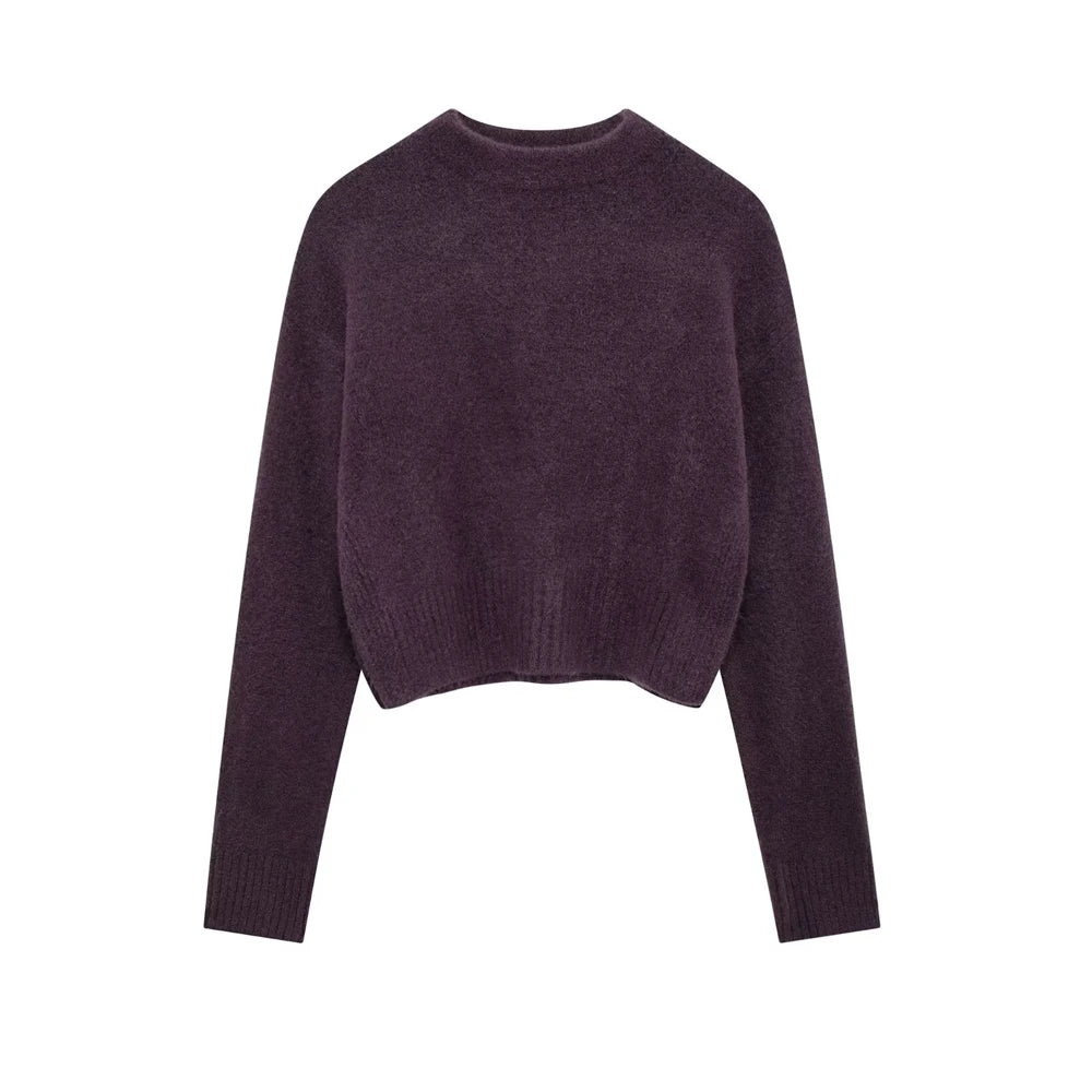 TRZA-Women's Soft Cropped Knit Sweater, Side Vents, O Neck, Long Sleeve, Female Pullovers, Chic Tops, Fashion