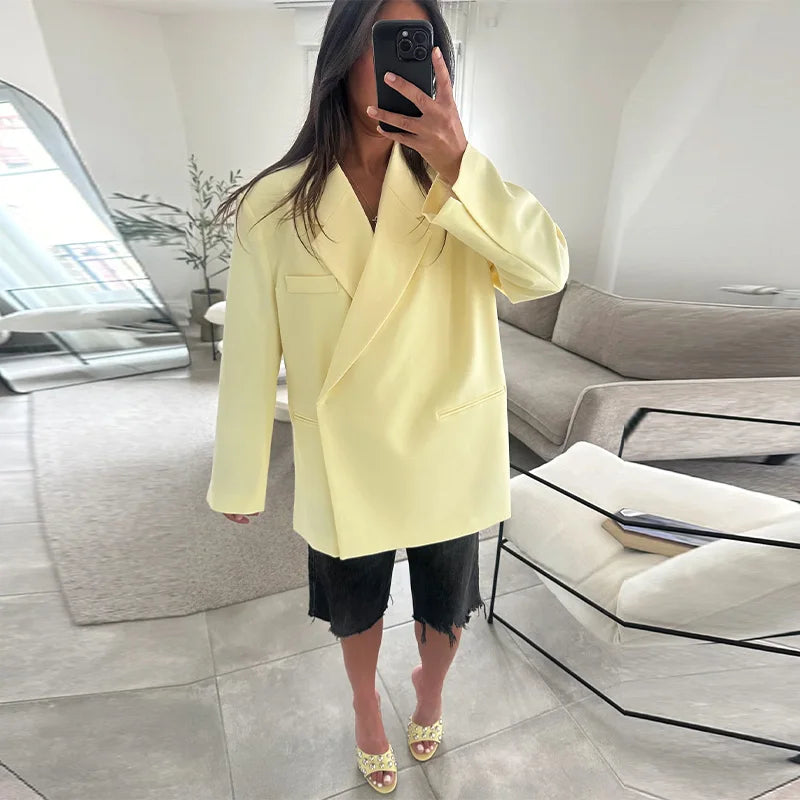 Oversize Elegant Suit Jacket Women Coat Single Breasted Shoulder Pads Notched Commute Pocket Split Street 2025 Summer Outwear