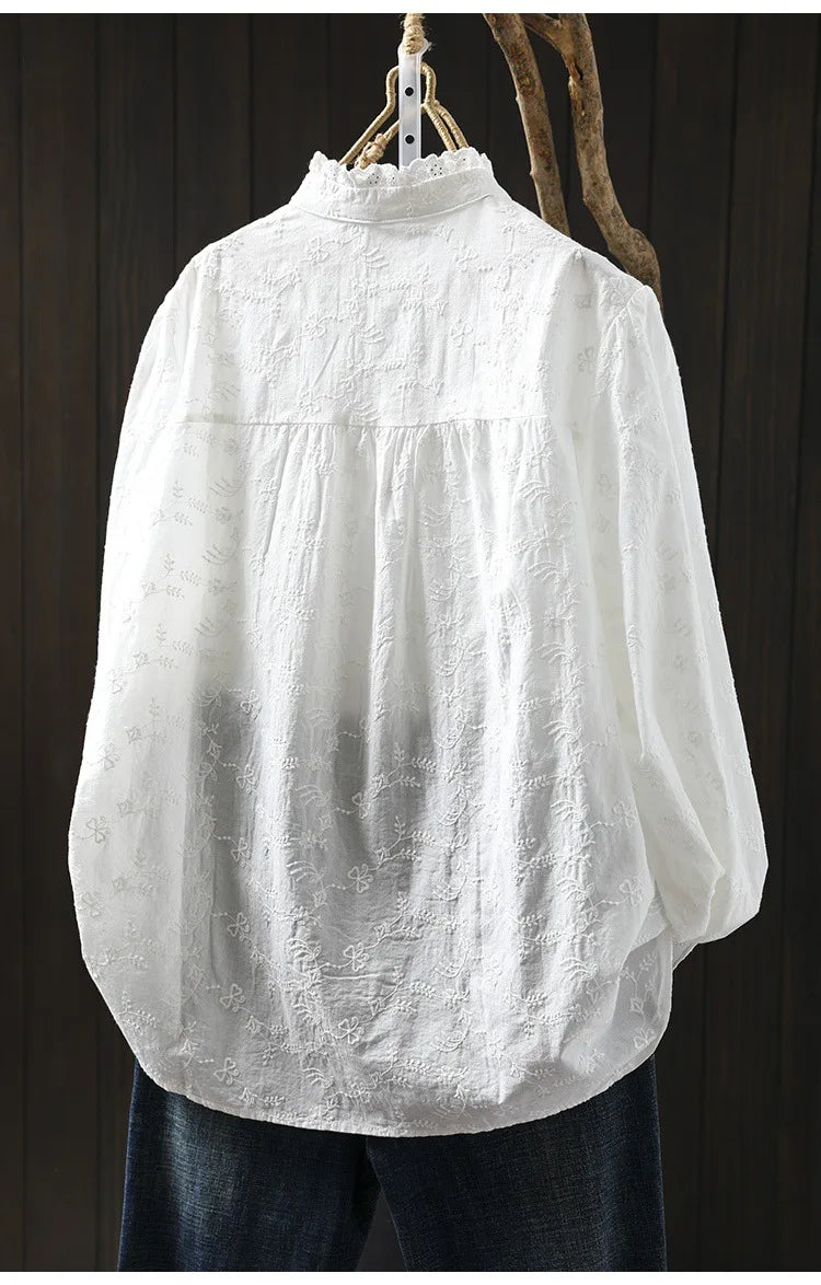 Fall clothes 2025 women cotton fine elegant blouses for women boho long sleeve lace embroider white blouses for lady tops