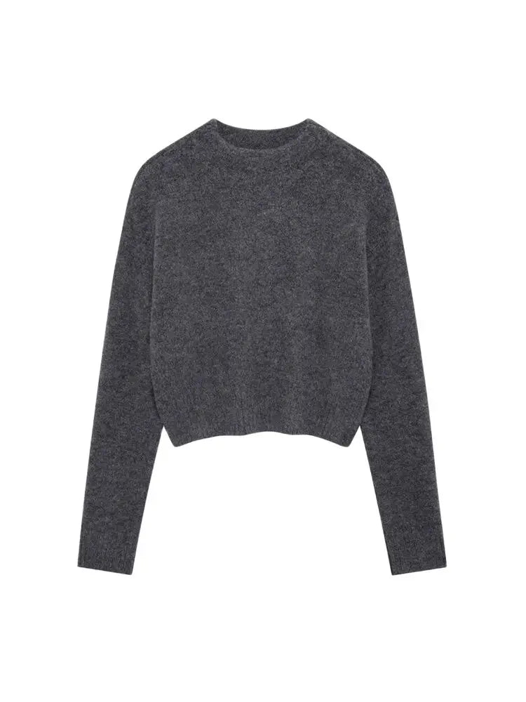 TRZA-Women's Soft Cropped Knit Sweater, Side Vents, O Neck, Long Sleeve, Female Pullovers, Chic Tops, Fashion