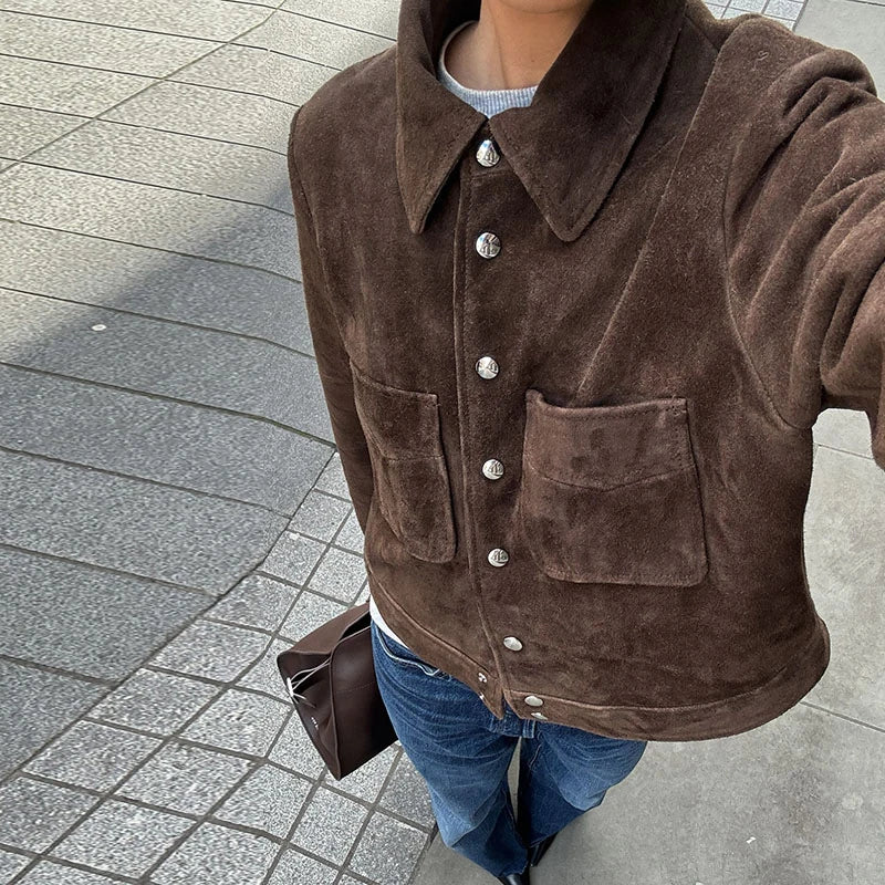 Big Pockets Suede Short Women's Jackets Vintage Lapel Single Breasted Full Sleeve Jacket Lady 2025 Spring Fashion Streetwears
