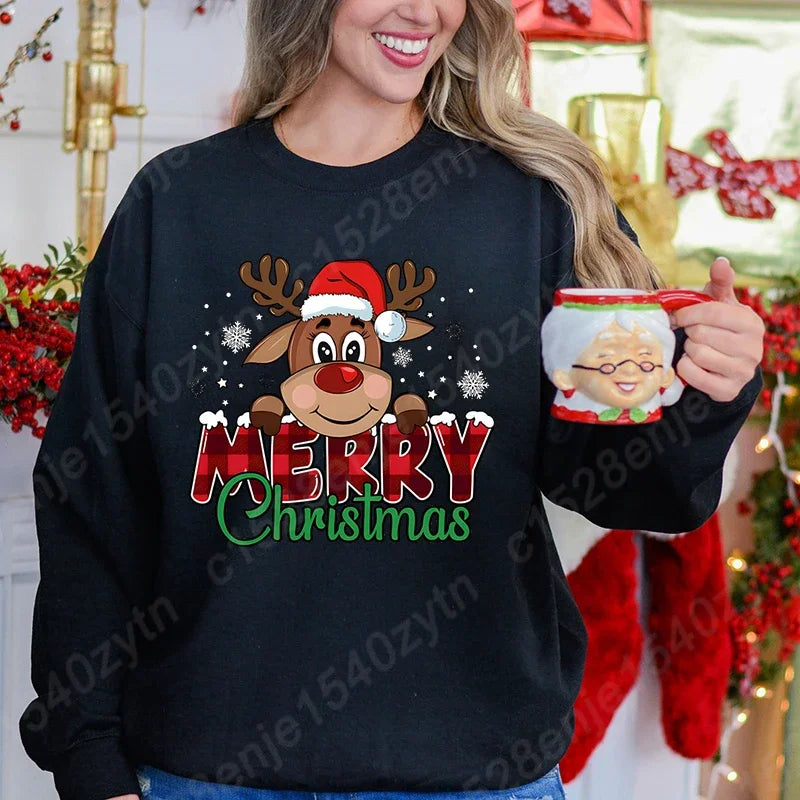Women's Festive Christmas Reindeer & Plaid Graphic Sweatshirt Casual Loose Fit Long Sleeve Crew Neck Sweatshirts for Winter