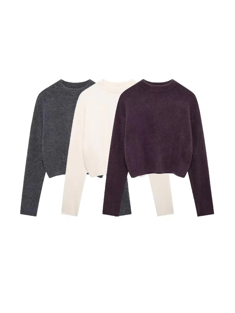 TRZA-Women's Soft Cropped Knit Sweater, Side Vents, O Neck, Long Sleeve, Female Pullovers, Chic Tops, Fashion