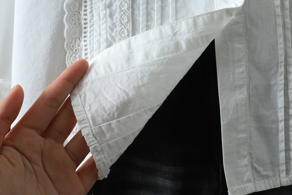 New Spring Cotton Casual White Shirts Women Loose Ruched Lace Blouse Girl Long Sleeve Sweet Sweet Top 2024 Autumn T455104QM