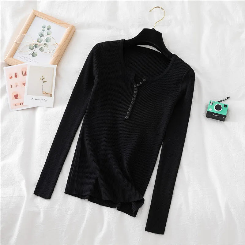 2025 Autumn Winter Button V Neck Sweater Women Basic Slim Pullover Women Sweaters And Pullovers Knit Jumper Soft Warm Tops