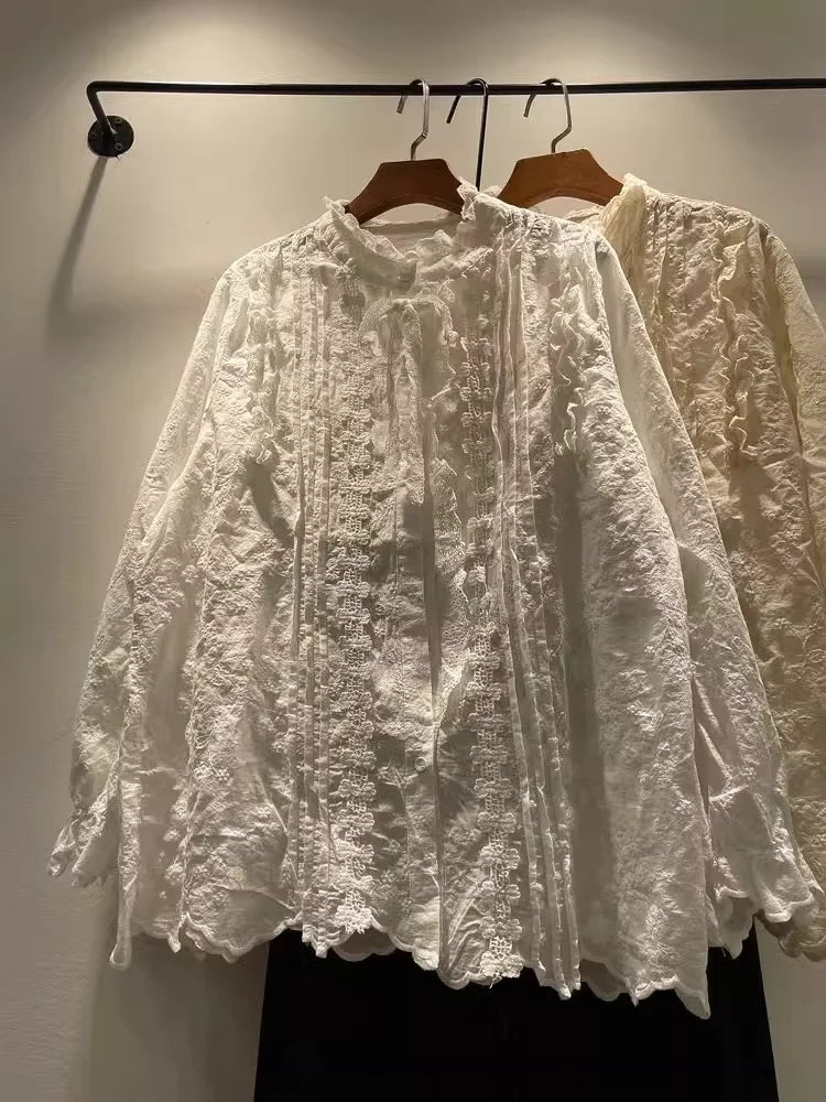 2025 Mori girl Japan style bohemian white beige embroidery shirts long sleeve blouses for women bow blouses boho clothing