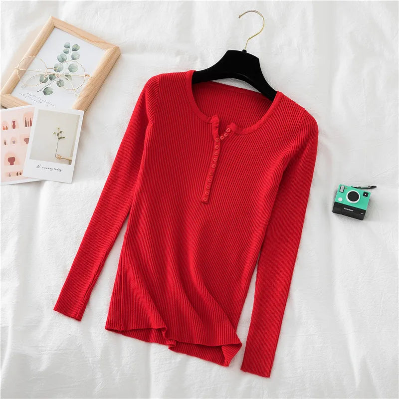 2025 Autumn Winter Button V Neck Sweater Women Basic Slim Pullover Women Sweaters And Pullovers Knit Jumper Soft Warm Tops