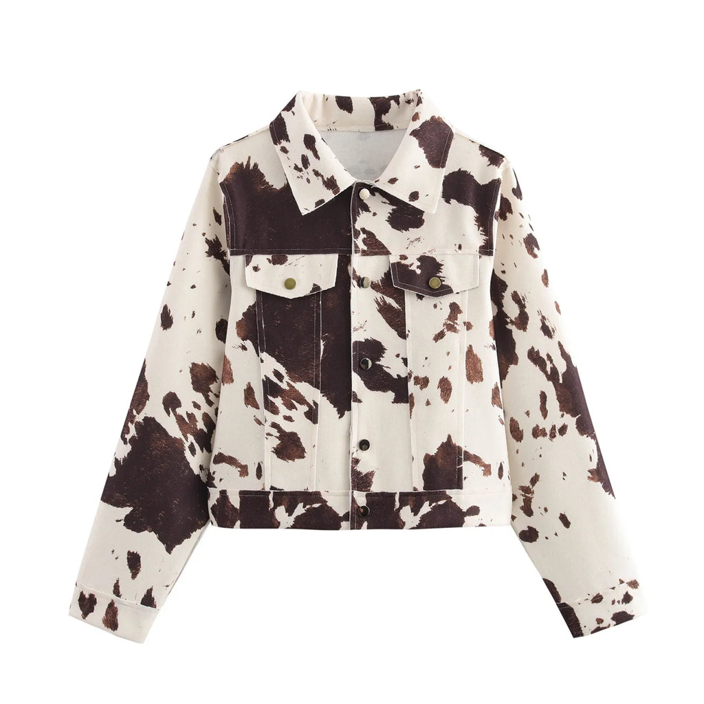 YENKYE Vintage Print Crop Jacket For Women Casual Long Sleeve Button Pockets Coats 2025 New Lady High Street Outerwear