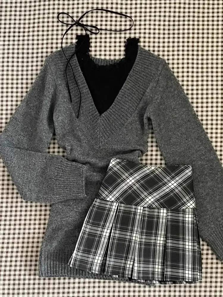 Knitted Suits Autumn Winter Woman V-neck French Vintage Long Sleeve Pullovers Knitwears 2000s Aesthetic Korean Sweater Sets Y2k