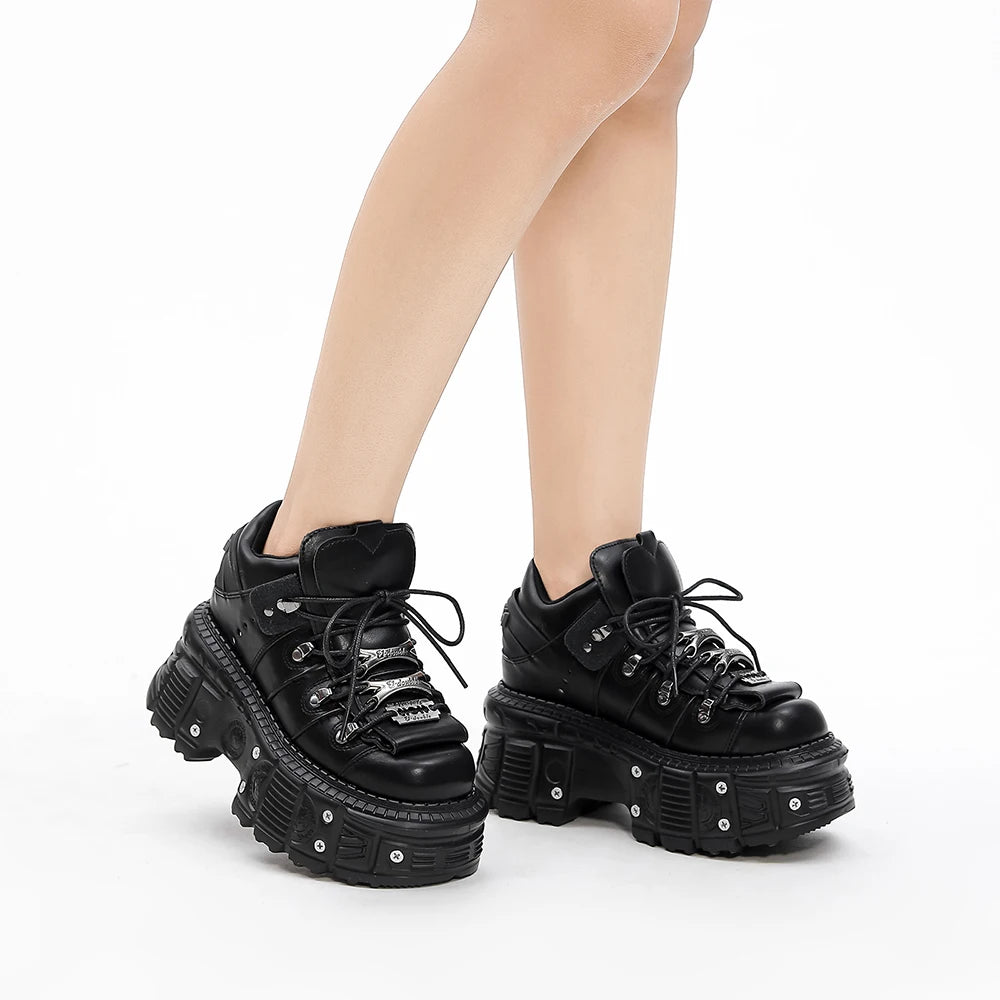 2025  Woman Sneakers New Punk Style Women Shoes Gothic Ankle Rock Boots Lace-up Heel Height Platform Shoes Woman Metal Decor