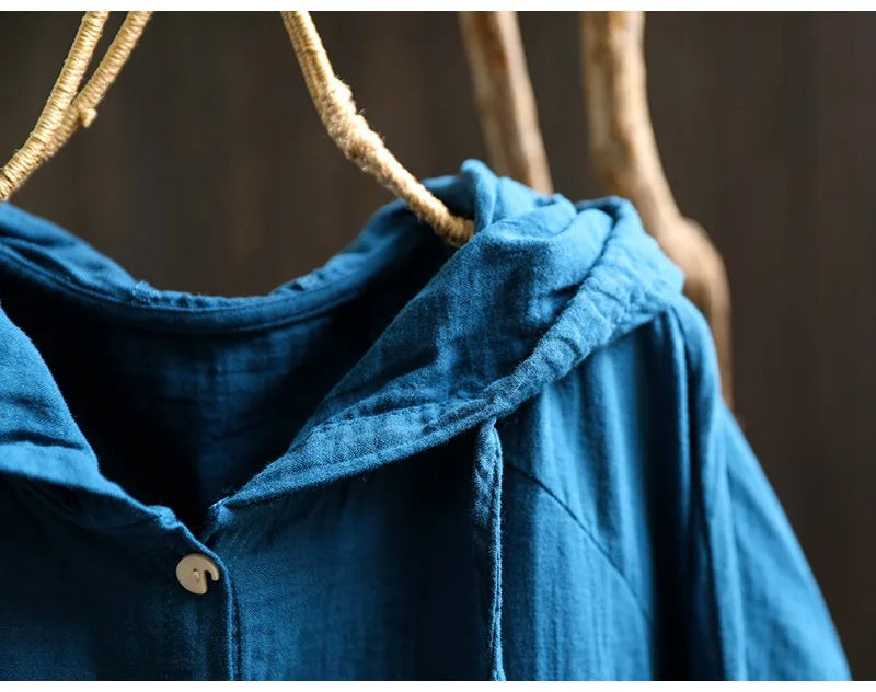 100% Cotton yarn hoodies for women summer Japan style hooded short long solid shirts and blouse big size tops