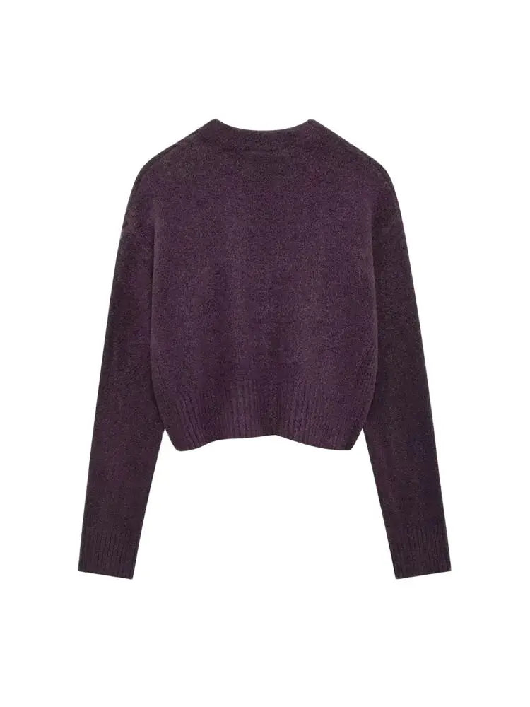 TRZA-Women's Soft Cropped Knit Sweater, Side Vents, O Neck, Long Sleeve, Female Pullovers, Chic Tops, Fashion