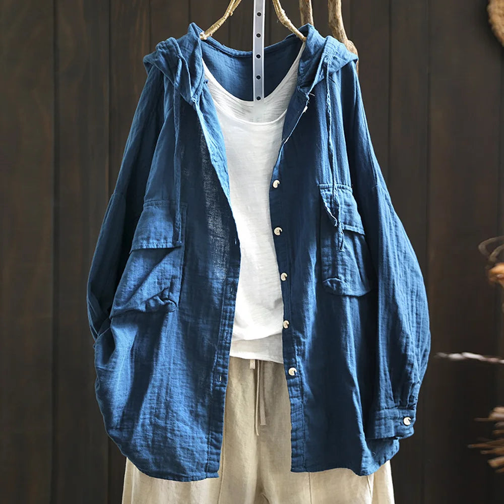 100% Cotton yarn hoodies for women summer Japan style hooded short long solid shirts and blouse big size tops