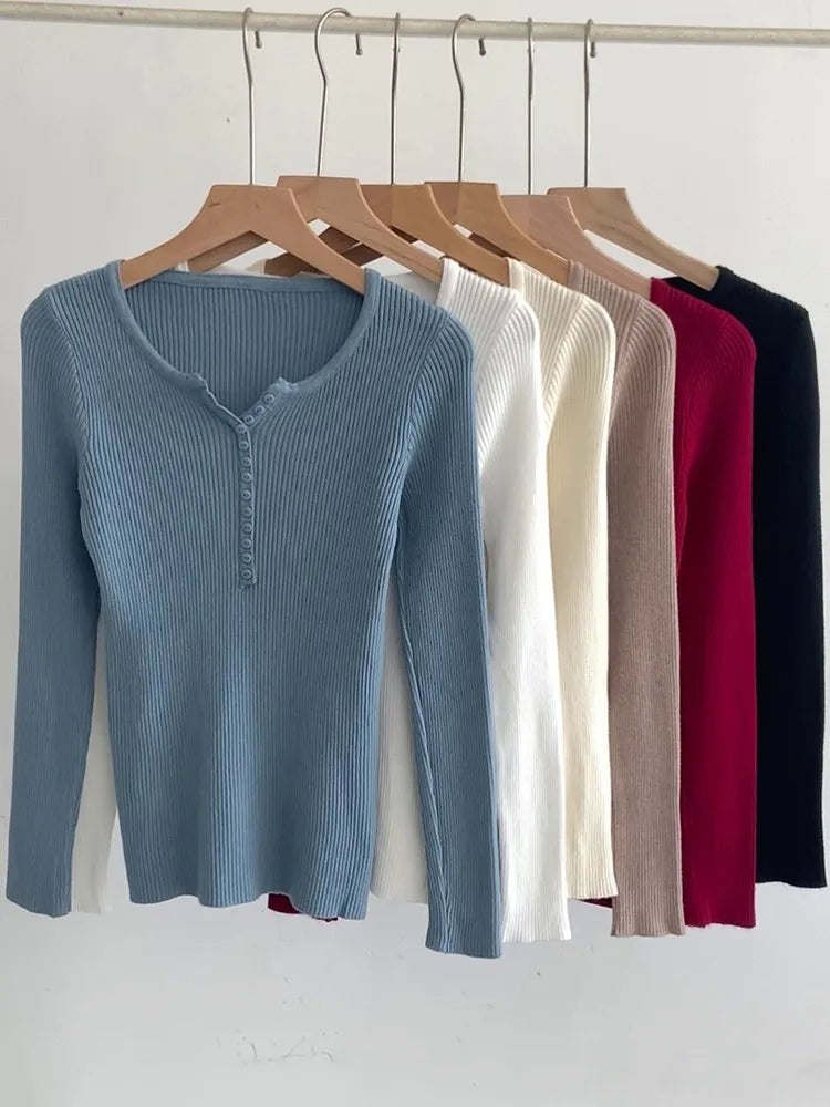 2025 Autumn Winter Button V Neck Sweater Women Basic Slim Pullover Women Sweaters And Pullovers Knit Jumper Soft Warm Tops