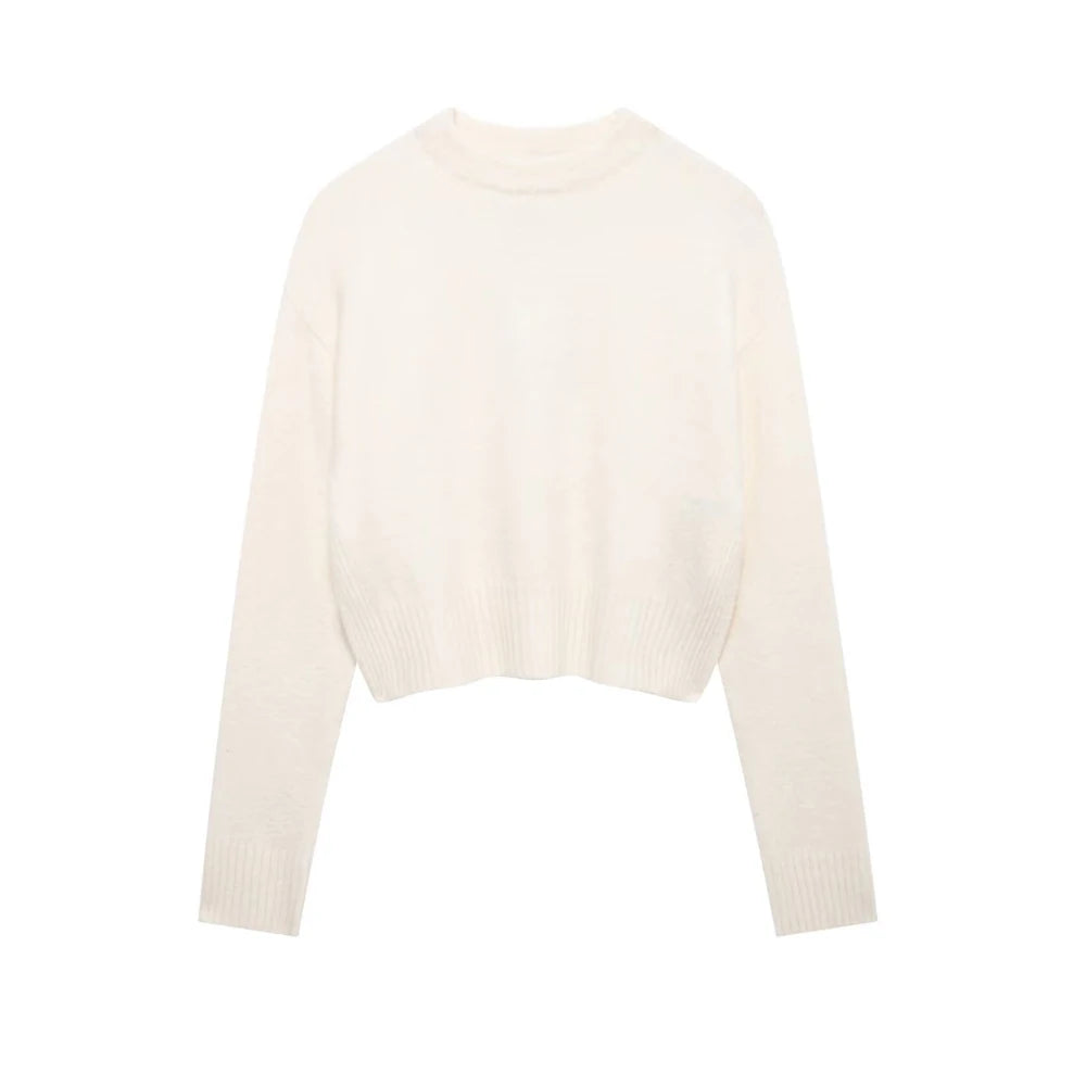 TRZA-Women's Soft Cropped Knit Sweater, Side Vents, O Neck, Long Sleeve, Female Pullovers, Chic Tops, Fashion