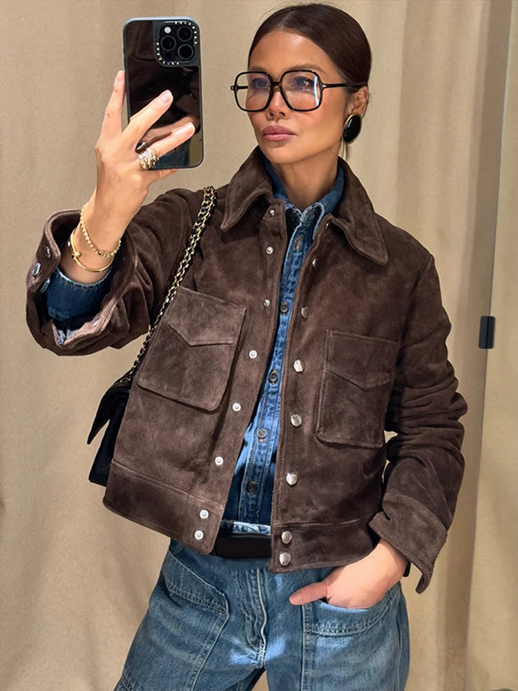 Big Pockets Suede Short Women's Jackets Vintage Lapel Single Breasted Full Sleeve Jacket Lady 2025 Spring Fashion Streetwears