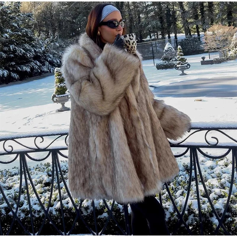Winter Women Luxury Faux Fur Coats Fashion Long Sleeve Lapel High Street Oversize Jackets Chic New Thick Warm Ladies Outerwears