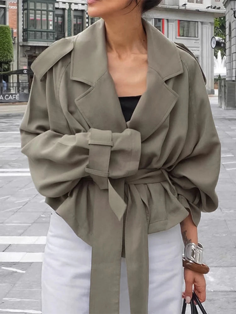 Women Khaki Lace Up Pocket Windbreaker Casual Long Sleeve Stand Up Collar Loose Short Jacket New Female High Street Wear 2025