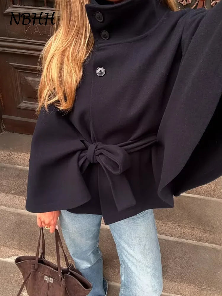 Fashion Solid Women's Lace Up Woolen Coats Loose Stand Collar Button Long Sleeve Thick Jackets 2025 Autumn Winter Lady Outerwear