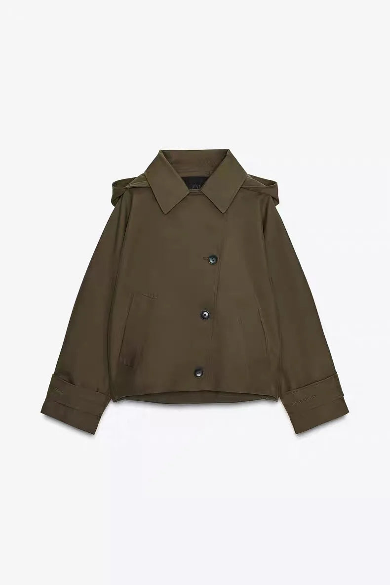Detachable Hat Women's Jacket Coat Stand-Up Collar Single Breasted Batwing Sleeve Female Jackets Street Waterproof Coats Ladies