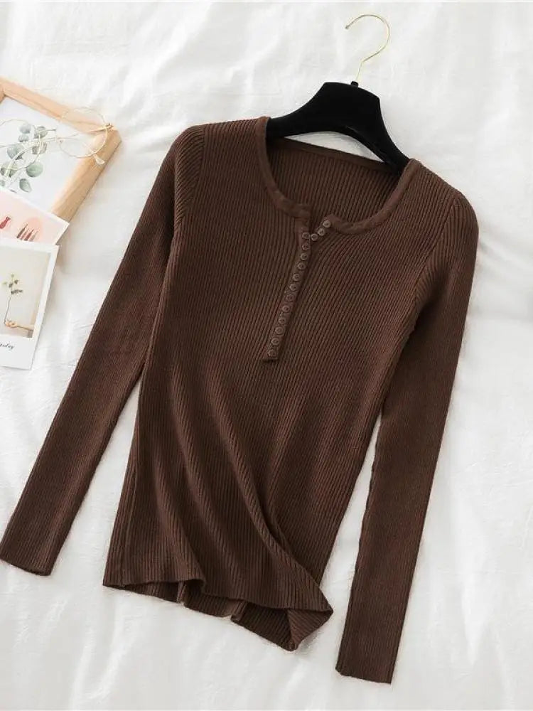 2025 Autumn Winter Button V Neck Sweater Women Basic Slim Pullover Women Sweaters And Pullovers Knit Jumper Soft Warm Tops