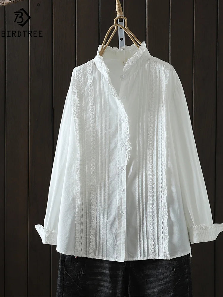 New Spring Cotton Casual White Shirts Women Loose Ruched Lace Blouse Girl Long Sleeve Sweet Sweet Top 2024 Autumn T455104QM