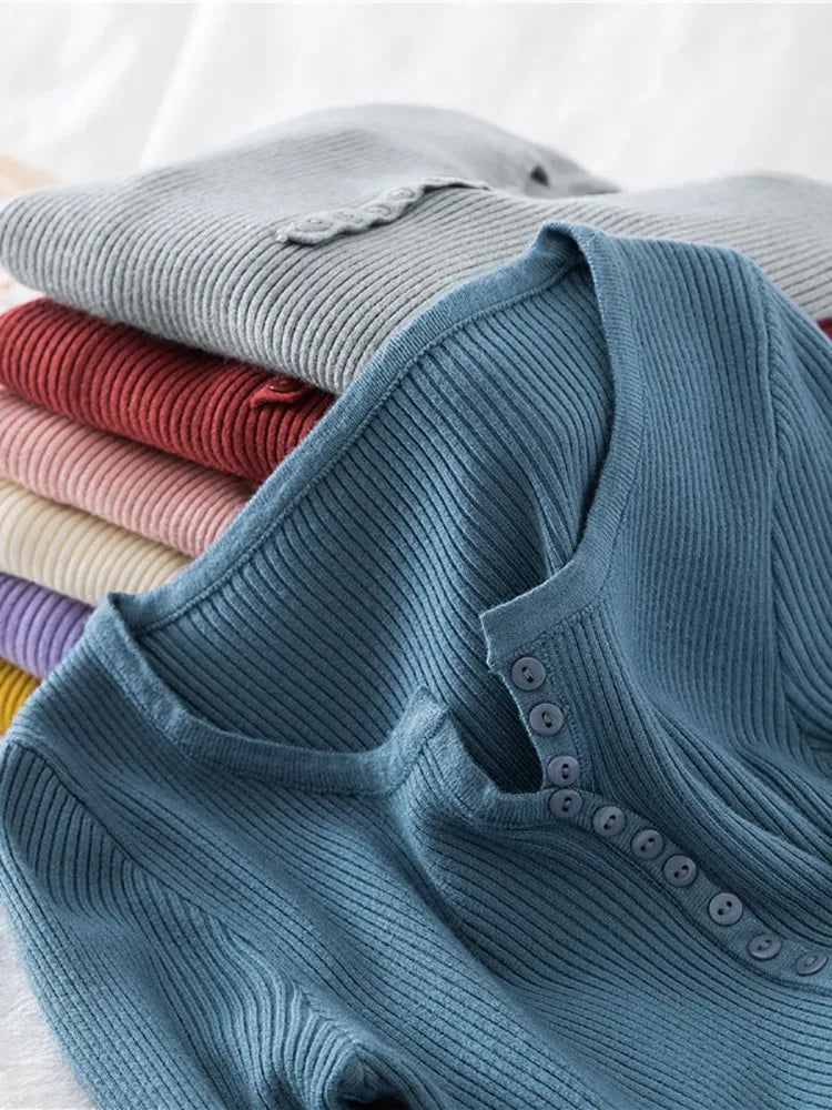 2025 Autumn Winter Button V Neck Sweater Women Basic Slim Pullover Women Sweaters And Pullovers Knit Jumper Soft Warm Tops