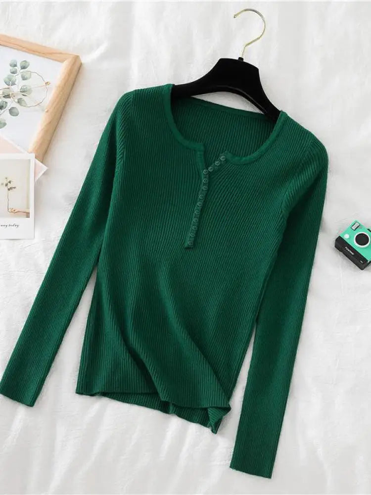 2025 Autumn Winter Button V Neck Sweater Women Basic Slim Pullover Women Sweaters And Pullovers Knit Jumper Soft Warm Tops