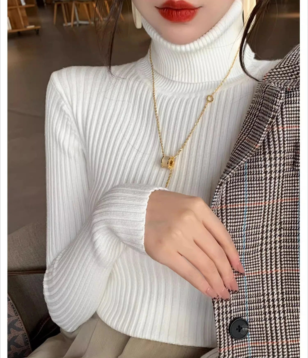 2025 Base Sweater Autumn Winter Thick Turtleneck Sweater Casual Slim Knitted Pullover Korean Style Simple Base Layer Warm Tops