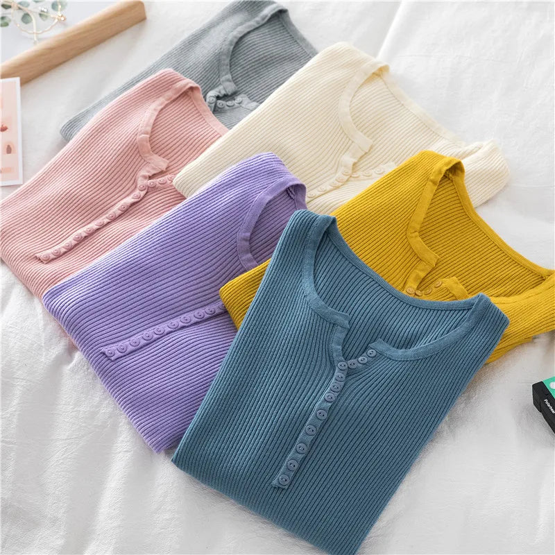 2025 Autumn Winter Button V Neck Sweater Women Basic Slim Pullover Women Sweaters And Pullovers Knit Jumper Soft Warm Tops