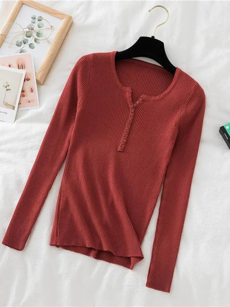 2025 Autumn Winter Button V Neck Sweater Women Basic Slim Pullover Women Sweaters And Pullovers Knit Jumper Soft Warm Tops