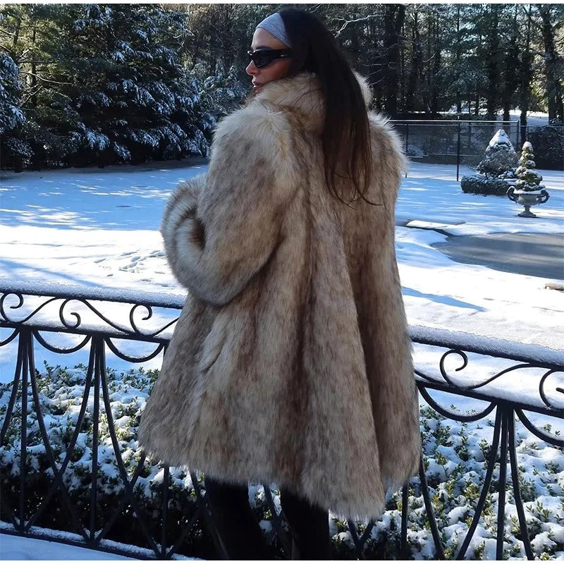 Winter Women Luxury Faux Fur Coats Fashion Long Sleeve Lapel High Street Oversize Jackets Chic New Thick Warm Ladies Outerwears