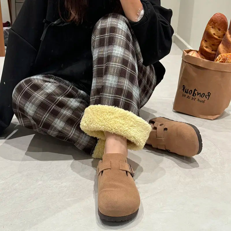 Padded Thickened Wide Leg Pants Winter LambswoolPlaid Pants Female High Waist Casual Straight Pants