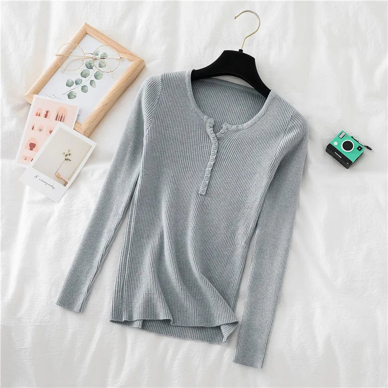2025 Autumn Winter Button V Neck Sweater Women Basic Slim Pullover Women Sweaters And Pullovers Knit Jumper Soft Warm Tops